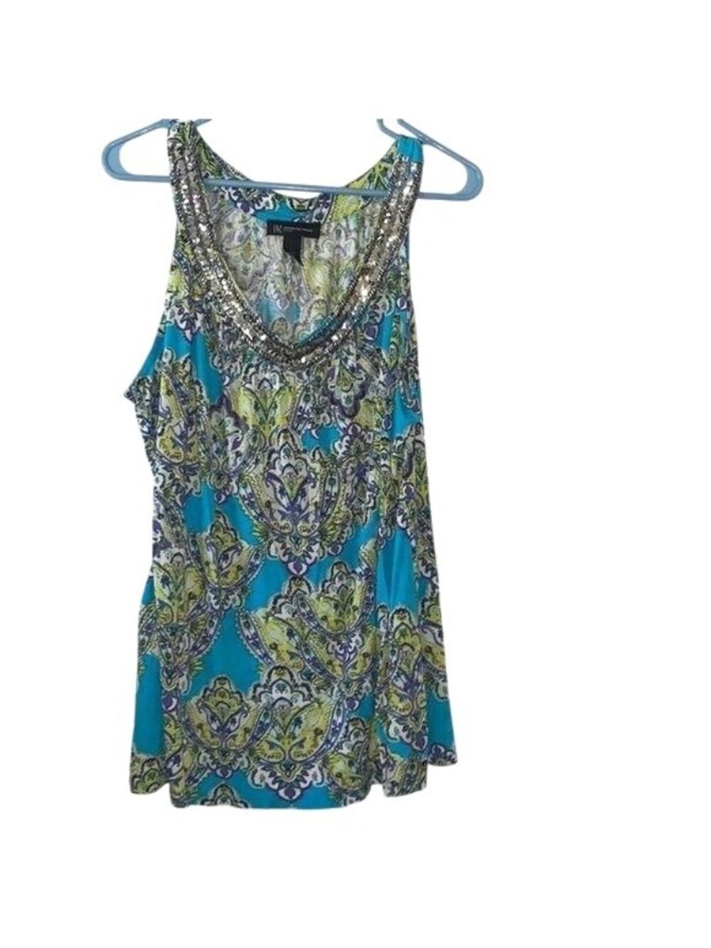 INC Blue & Green Paisley Sequin Neckline Sleeveless Top Womens 2X Rayon
